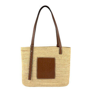 Loewe Square Basket Shoulder Bag Tote Raffia Leather Beige Tan Brown
